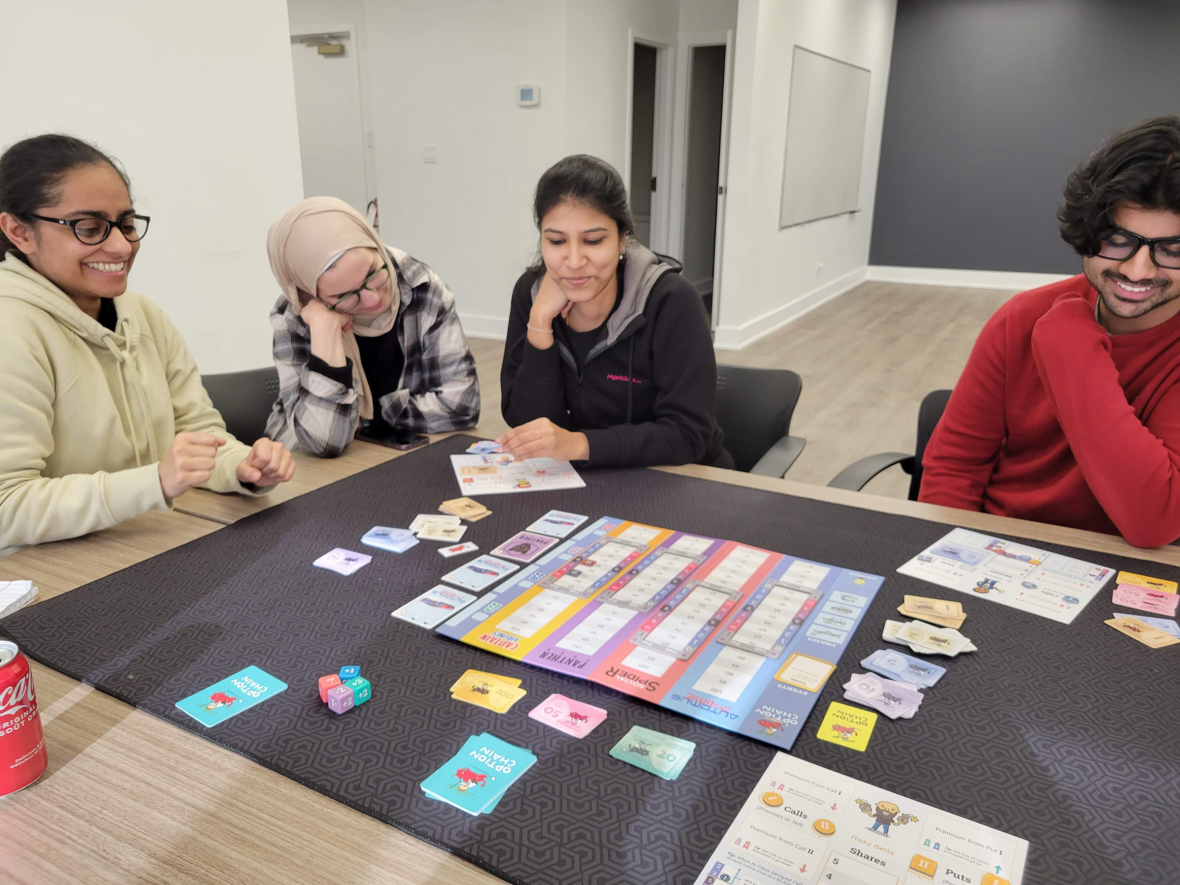 Players learning Option Chain using the player mats and board